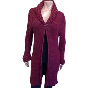 Avon Chunky Popcorn Knit Cardigan Sweater Shawl Collar Mid Length Plum Small